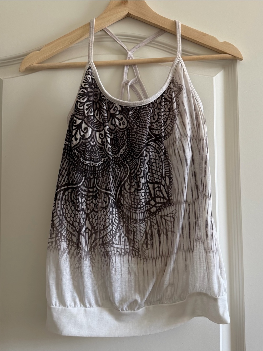 Prana White Tank Top with Brown Mandala Print and Strappy Back